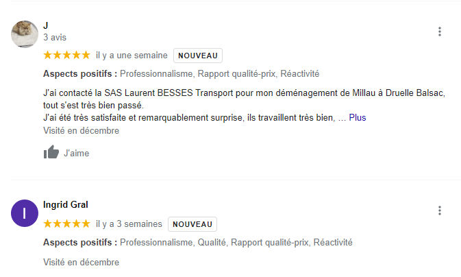 Avis Google Business pour SAS Laurent Besses Transport déménagement 